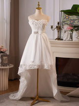White Tulle Hi Lo Strapless Flower Wedding Dress