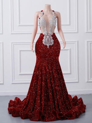 Burgundy Mermaid Sequins Backless Prom Dress