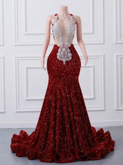 Burgundy Mermaid Sequins Backless Prom Dress