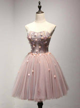 Pink Tulle Strapless Appliques Beading Homecoming Dress