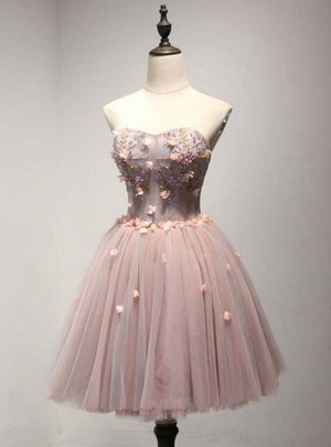 Pink Tulle Strapless Appliques Beading Homecoming Dress