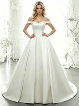 White Satin Off the Shoulder Wedding Dress