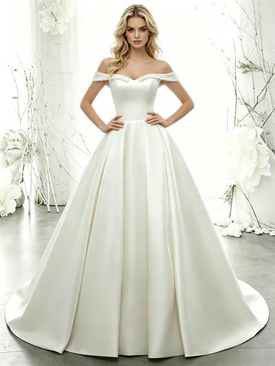 White Satin Off the Shoulder Wedding Dress