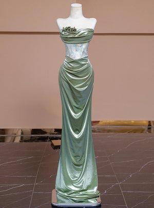 Green Mermaid Strapless Pleats Prom Dress