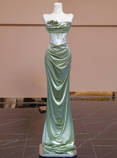 Green Mermaid Strapless Pleats Prom Dress