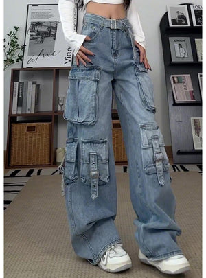 Wide Leg Pockets High Waist Loose Jeans
