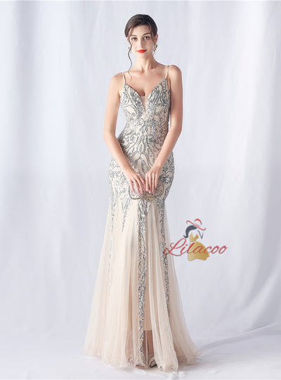 Mermaid Sequins Tulle Spaghetti Straps Prom Dress