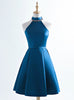 Blue Satin High Neck Beading Homecoming Dress