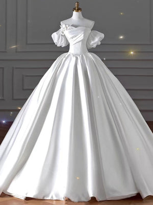 White Satin Pleats Beading Wedding Dress