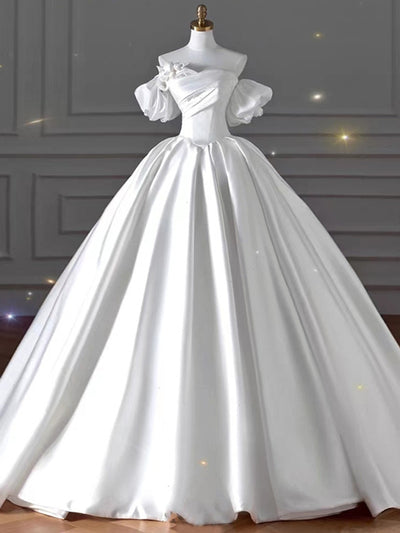 White Satin Pleats Beading Wedding Dress