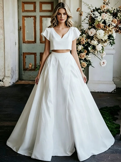 White Two Piece Cap Sleeve Wedding Dress