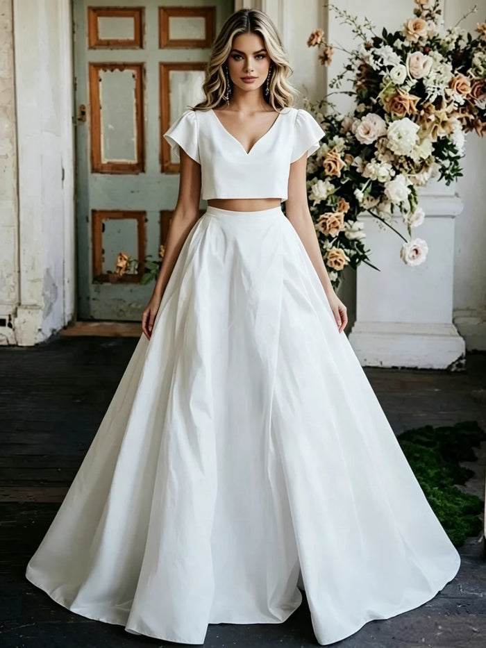 White Two Piece Cap Sleeve Wedding Dress