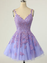 Purple Tulle Straps Appliques Homecoming Dress