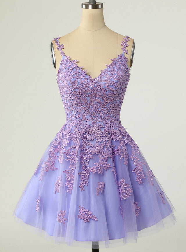 Purple Tulle Straps Appliques Homecoming Dress