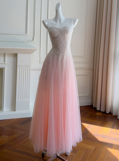Pink Tulle Lace Straps Prom Dress