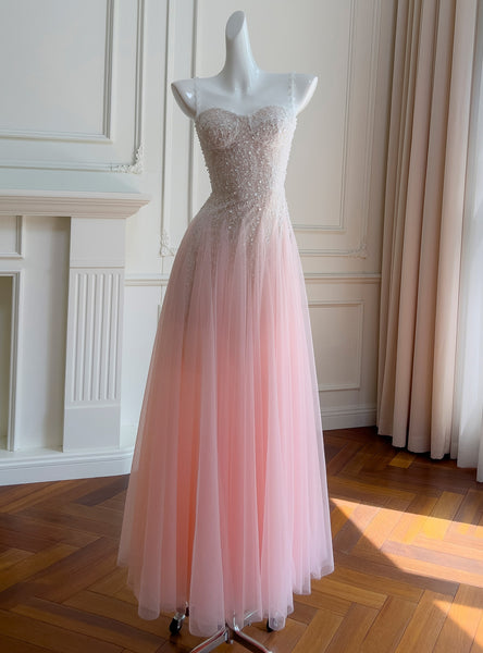 Pink Tulle Lace Straps Prom Dress