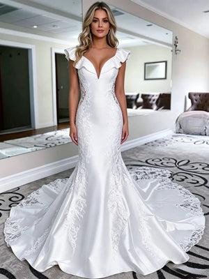 White Mermaid Satin V-neck Lace Wedding Dress