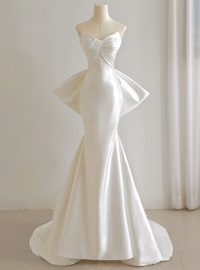 White Mermaid Satin Pleats Wedding Dress