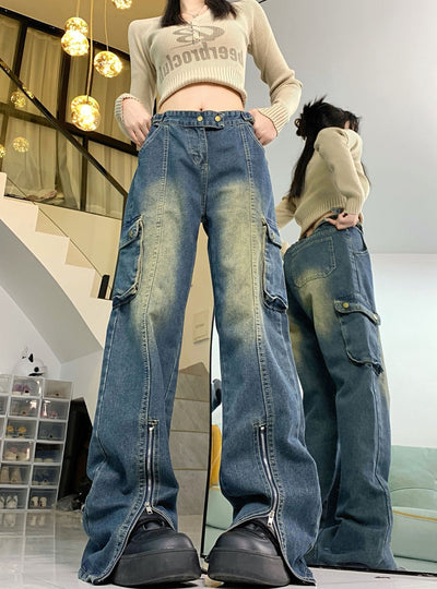 Retro Pocket Straight Loose Wide-leg Jeans