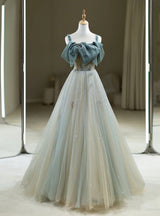 Blue Tulle Straps Bow Beading Prom Dress
