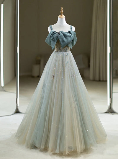 Blue Tulle Straps Bow Beading Prom Dress