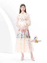 V-neck Long Sleeve Lace Stitching Printed Dress