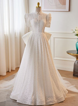 White Lace Tulle High Neck Wedding Dress