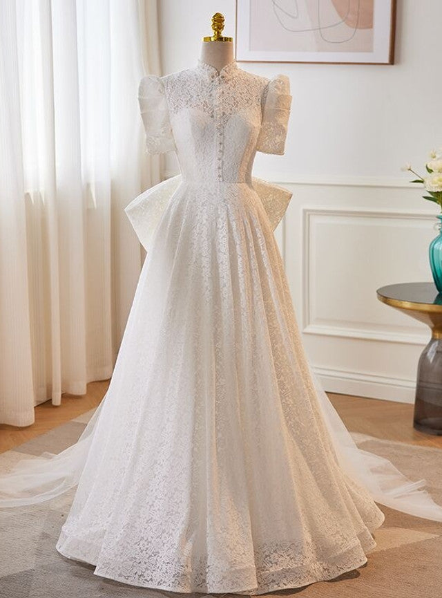 White Lace Tulle High Neck Wedding Dress