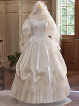 Vintage White Satin Lace Puff Sleeve Wedding Dress