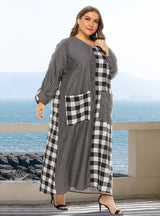 V-neck Plaid Stitching Pocket Loose Long Sleeve Dress