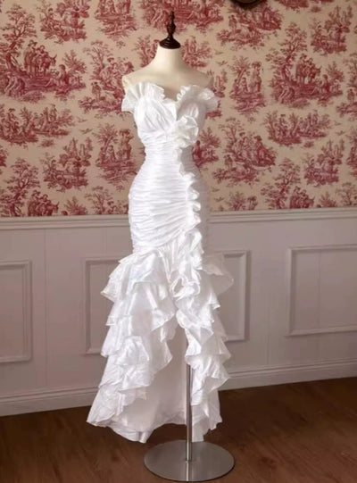 White Mermaid Strapless Pleats Wedding Dress