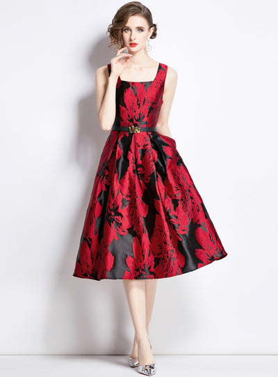 Sleeveless Square Collar Jacquard Dress