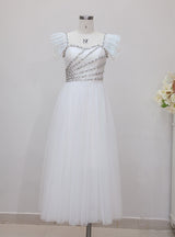 White Gauze Tulle Beading Long Dress