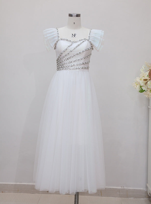 White Gauze Tulle Beading Long Dress