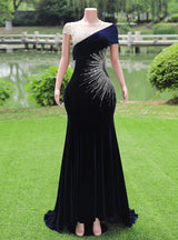 Navy Blue Mermaid Velvet Sequins Beading Prom Dress