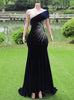 Navy Blue Mermaid Velvet Sequins Beading Prom Dress