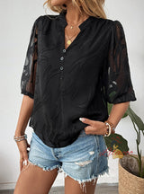 Sexy Lace Stitching Bubble Sleeve Solid Color Shirt