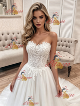 White Tulle Lace Strapless Wedding Dress