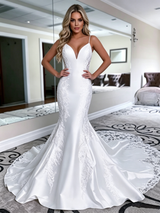 White Mermaid Satin Lace Spaghetti Straps Wedding Dress