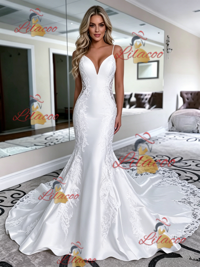 White Mermaid Satin Lace Spaghetti Straps Wedding Dress
