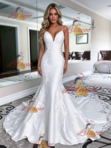 White Mermaid Satin Lace Spaghetti Straps Wedding Dress