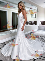 White Mermaid Satin Lace Spaghetti Straps Wedding Dress