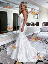 White Mermaid Satin Lace Spaghetti Straps Wedding Dress