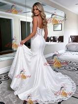 White Mermaid Satin Lace Spaghetti Straps Wedding Dress