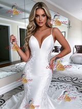 White Mermaid Satin Lace Spaghetti Straps Wedding Dress