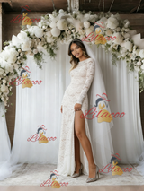 White Mermaid Lace Long Sleeve Split Wedding Dress