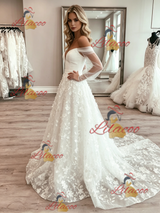 White Tulle Long Sleeve Lace Wedding Dress