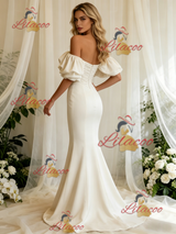 Ivory Mermaid Satin Off the Shoulder Pleats Wedding Dress