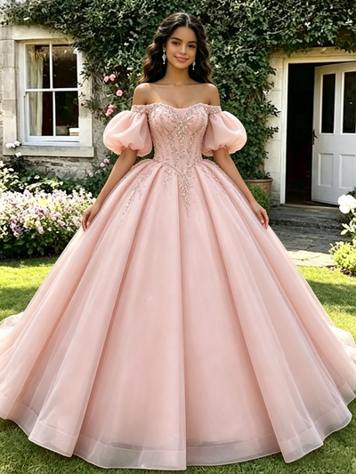 Pink Tulle Off the Shoulder Puff Sleeve Beading Quinceanera Dress