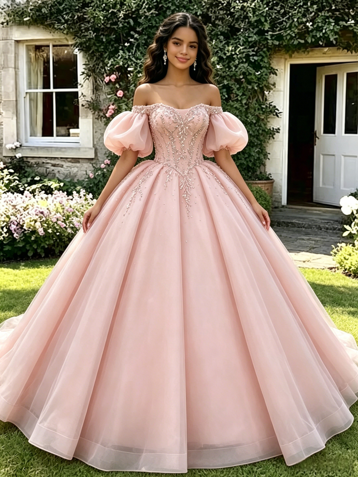 Pink Tulle Off the Shoulder Puff Sleeve Beading Quinceanera Dress